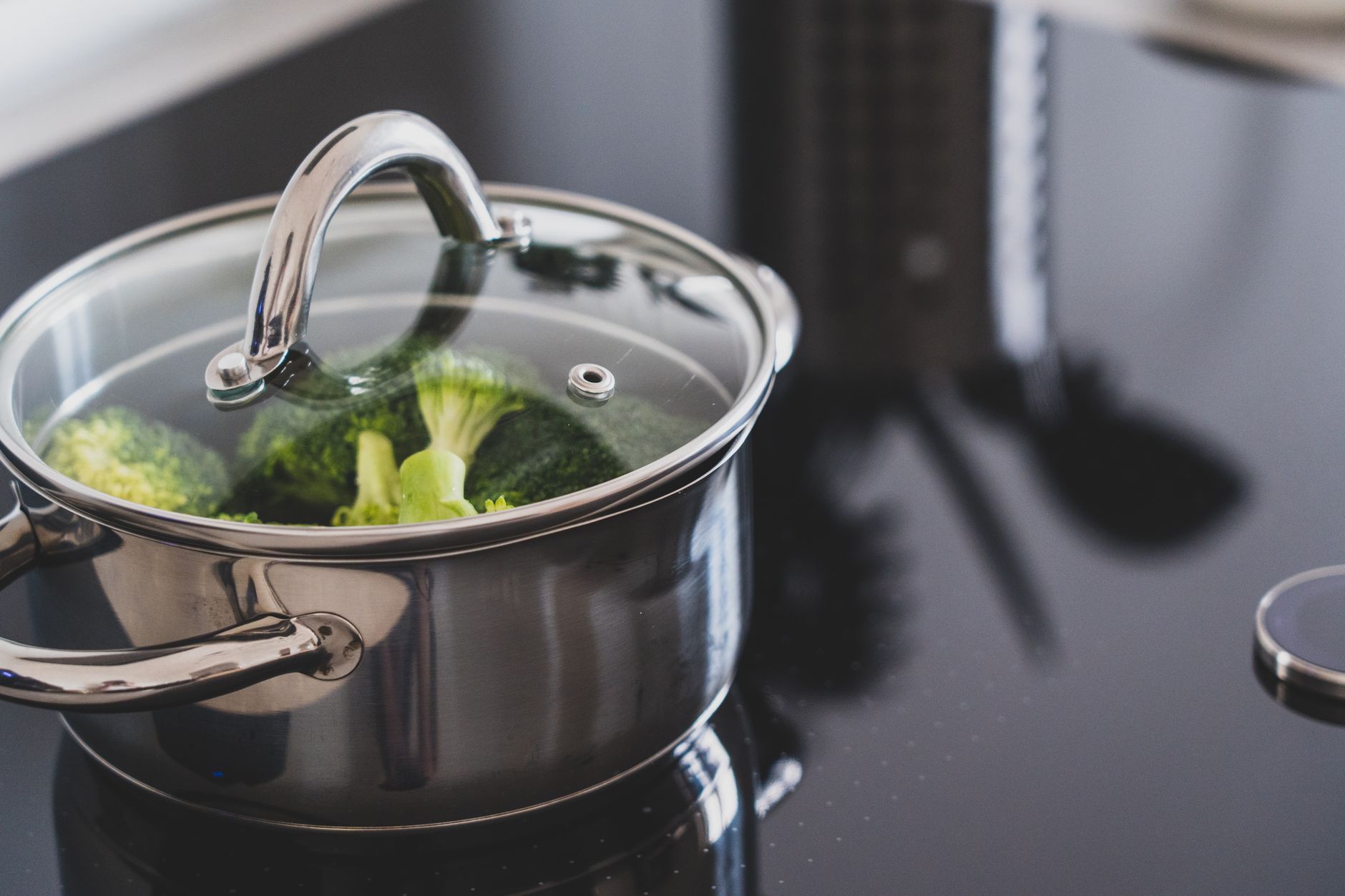 Broccoli blanching in a pot of boiling water