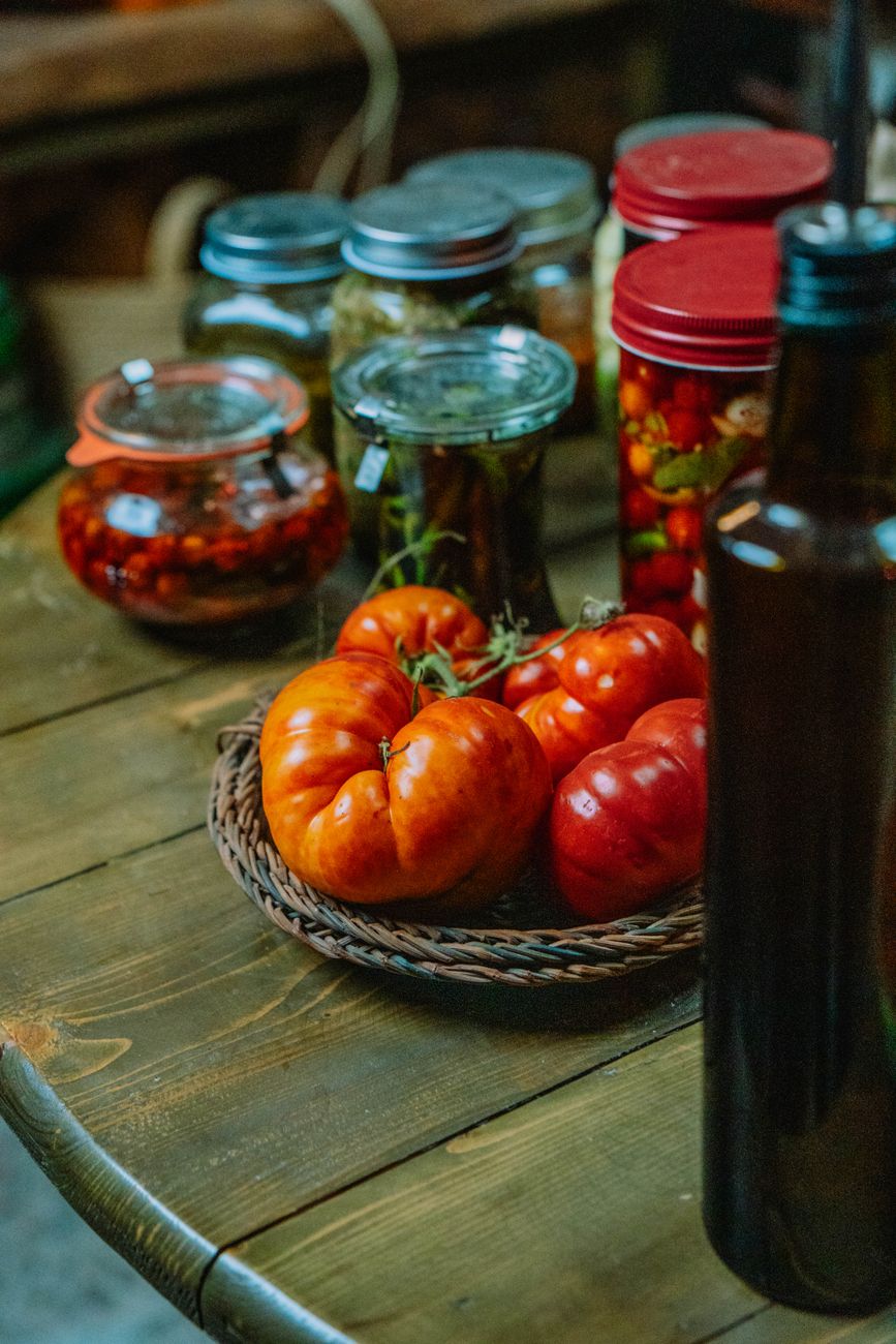 Heirloom tomatoes on a wooden table ready for seed saving